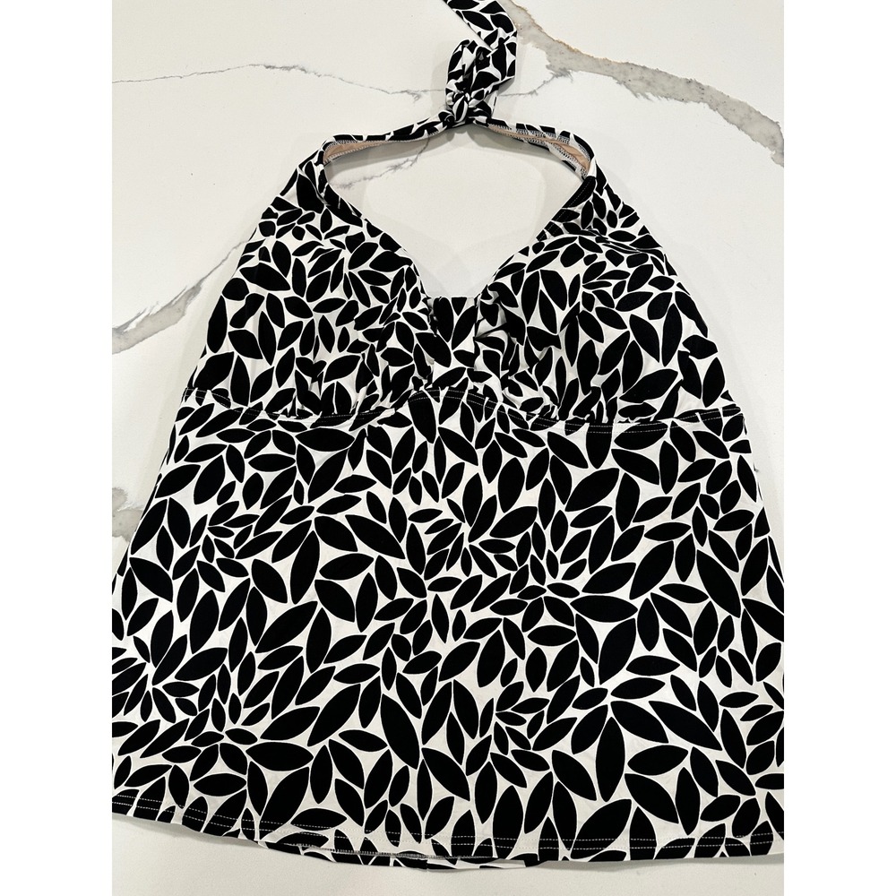 Lands' End Women's Halter Tankini Top Black White Leaf Print Swimsuit Size 18